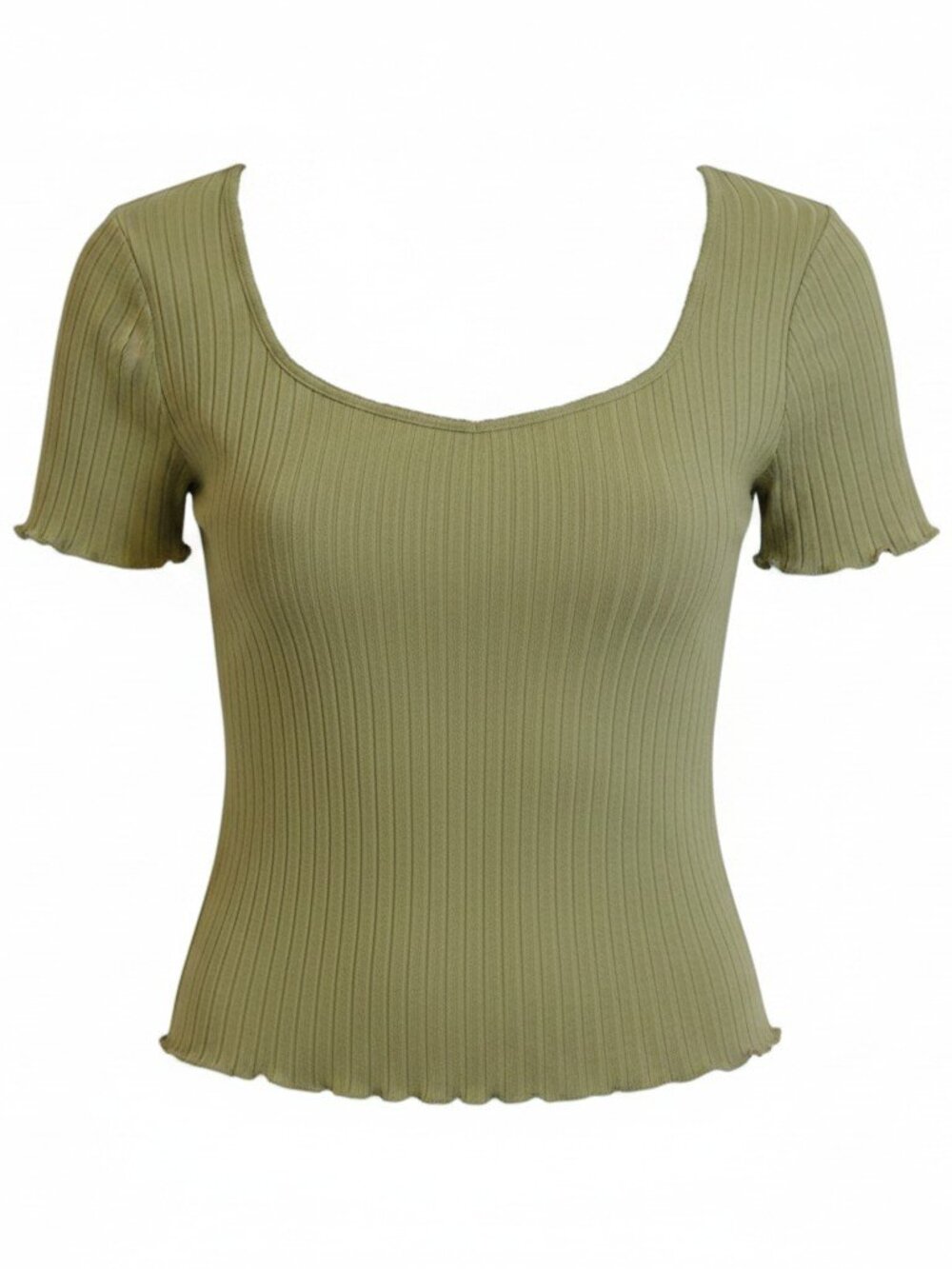 Womens Sage Green Ribbed Knit V Neck Short Sleeve Lettuce Trim Top XXL